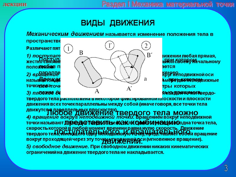 3 лекции Раздел I Механика материальной точки ВИДЫ  ДВИЖЕНИЯ Механическим движением называется изменение
